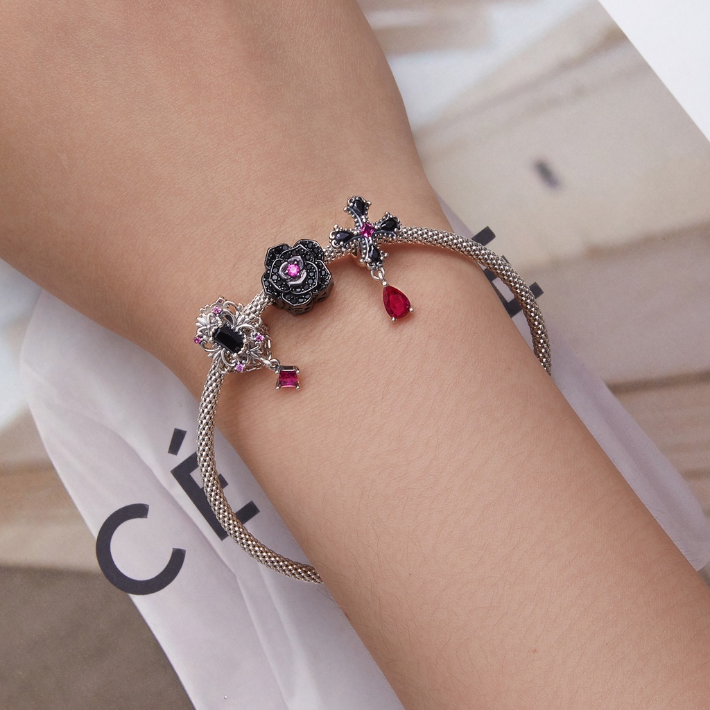 BAMOER Hạt Xâu Chuỗi bạc 925 Hình Hoa Hồng Đen