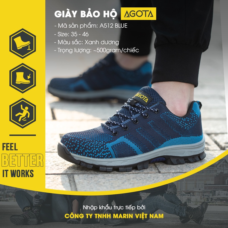 Giày bảo hộ lao động AGOTA 512 siêu bền màu xanh, có mũi thép chống va đập, đế lót thép chống đâm xuyên