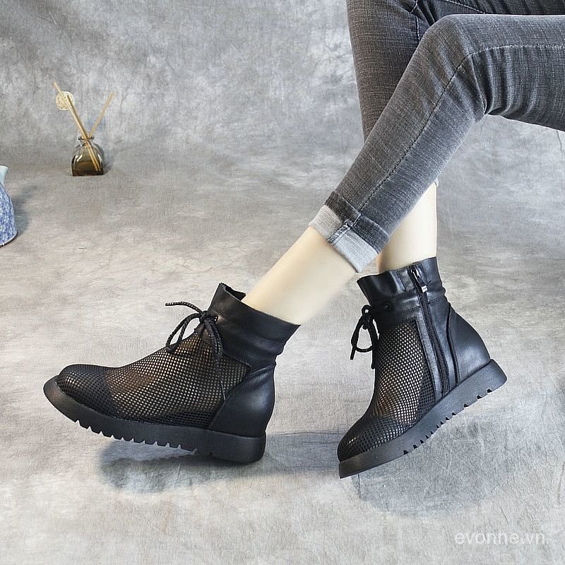 Women's Boots Summer New Hollow out Leather Sandal Boots Mesh Dr. Martens Boots Closed Toe Sandals High Top Height Increasing Insole Women's Shoes