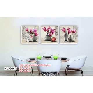 Tranh Treo Tường Nhà Bếp, Tranh Treo Phòng Ăn, Bộ 3 Bình Hoa Được In trực tiếp trên gỗ cao cấp nhập khẩu Hàn Quốc