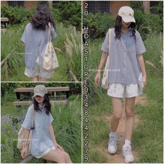 Set áo sơ mi kẻ xanh mix quần shorts nữ - bộ áo kẻ sọc xanh tà chéo + quần đùi trắng