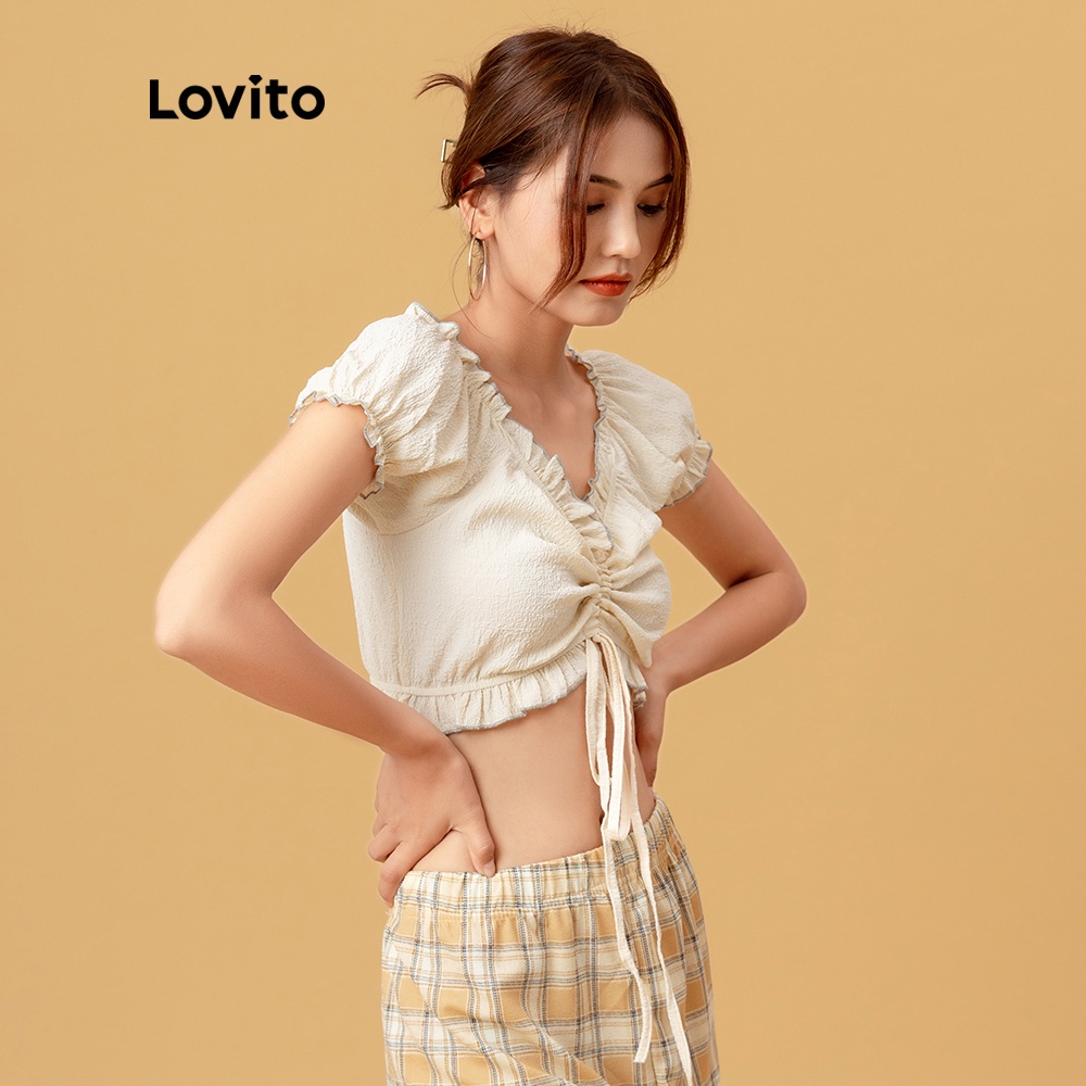 Áo Lovito phối dây rút nhún bèo lai áo màu trơn giản dị L05609 (màu be) | BigBuy360 - bigbuy360.vn