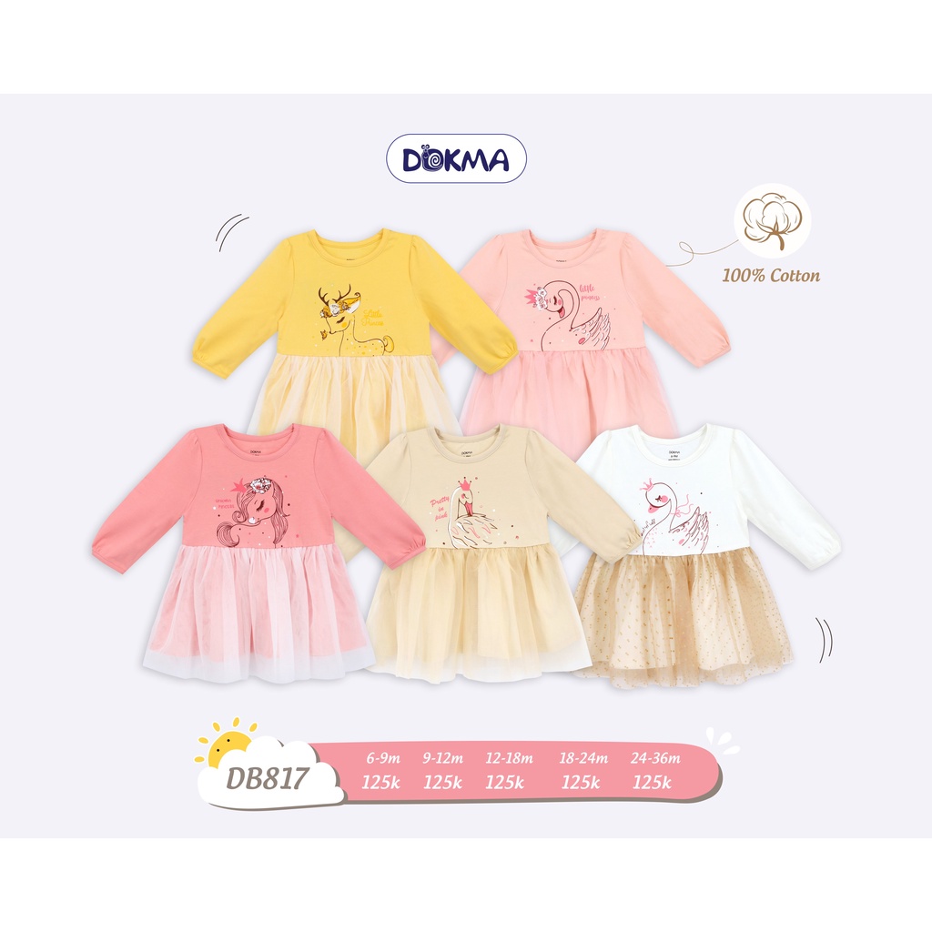DB817 Váy công chúa bé gái dài tay phối ren Dokma vải cotton mỏng (9-36M)