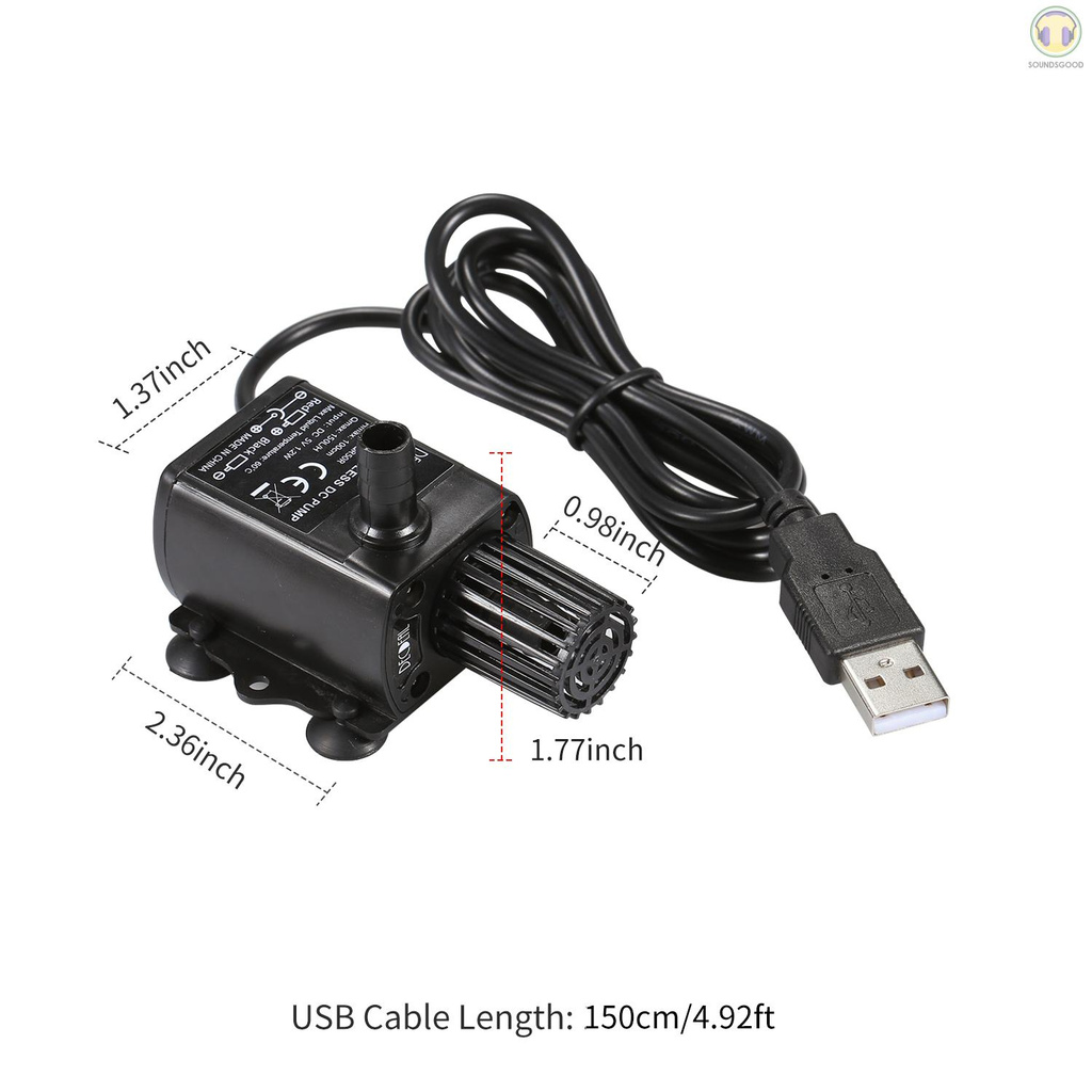 Máy bơm nước hồ cá không chổi thang siêu êm mini DC5V đầu cắm USB 120L/H 1.2W lên cao 3.28ft