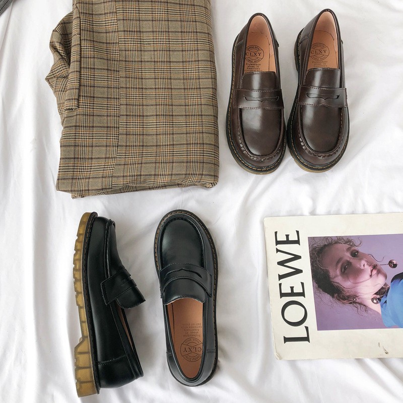 giày cao gót đế thấp (Sẵn) Giày lười loafer Harajuku lót CLXY