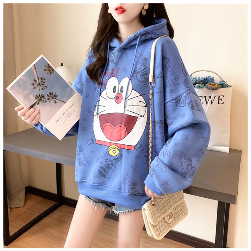 Áo hoodie tay dài in hình Doraemon phong cách Hàn Quốc