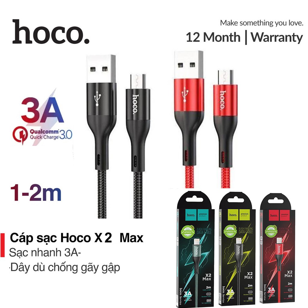 Cáp sạc nhanh Hoco X14/X2 MAX 3A siêu bền sạc full iPhone, Android, iPad dây truyền tải dữ liệu dài 1m, 2m - Chính hãng