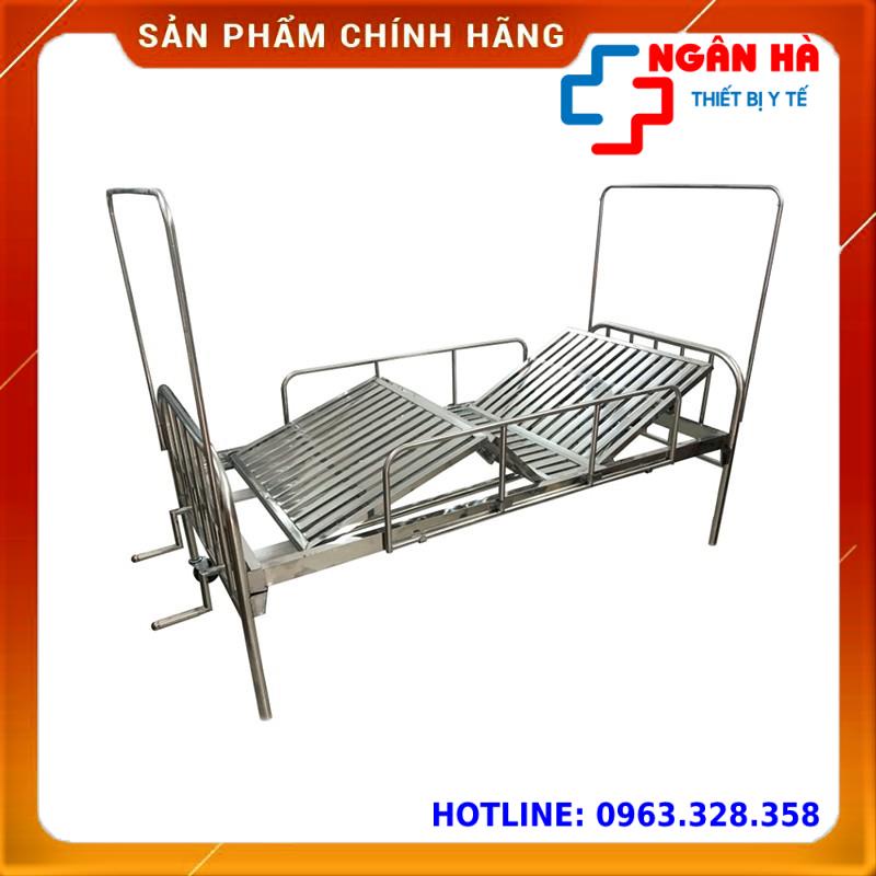 Giường inox, giường y tế inox 2 tay quay nâng đầu nâng chân và có mở bô vệ sinh