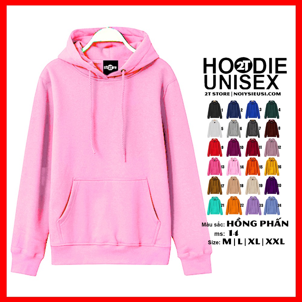 Áo hoodie unisex 2T Store H14 màu hồng phấn - Áo khoác nỉ bông chui đầu nón 2 lớp dày dặn đẹp chất lượng | BigBuy360 - bigbuy360.vn