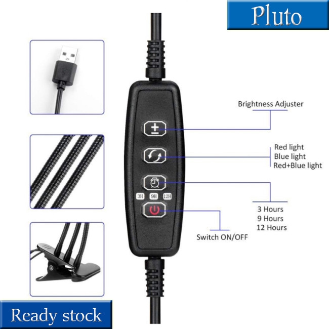 Đèn LED trồng cây USB 5V 27W có 3 đầu với dải xanh đỏ điều chỉnh được