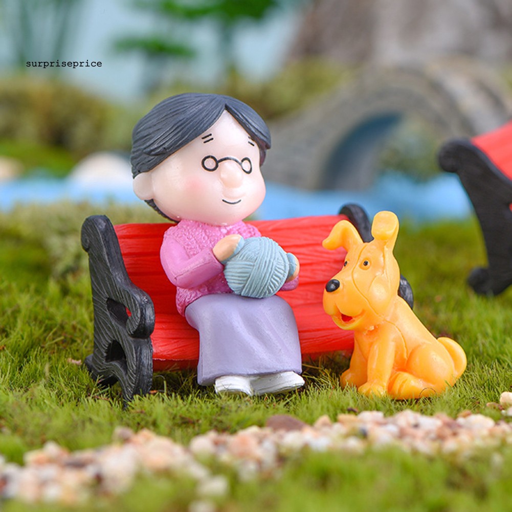Set mô hình ông + bà + ghế dài mini dễ thương trang trí vườn