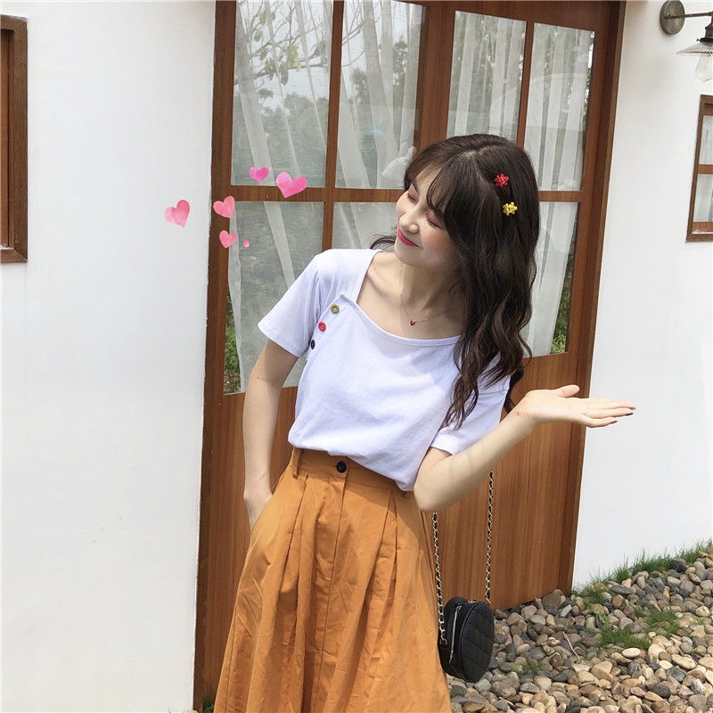 B&amp;G Áo Thun Ngắn Tay Dáng Rộng Cài Nút Phong Cách Hàn Quốc Thời Trang Cho Nữ Áo phông Nữ JL-TX-127