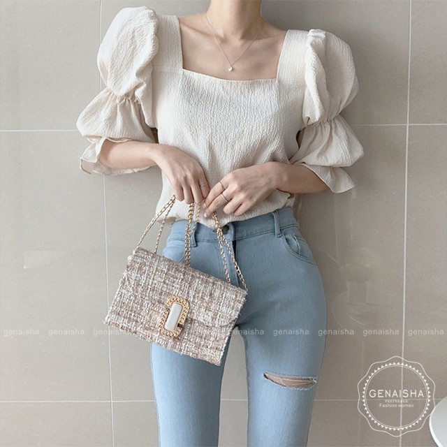 Áo thun tay ngắn cổ vuông màu trơn thiết kế đơn giản200914 | BigBuy360 - bigbuy360.vn