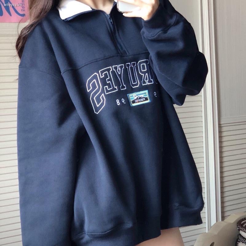 Sweater cổ bẻ màu xanh than dáng rộng - hoodie Hàn Quốc (hàng sẵn) | BigBuy360 - bigbuy360.vn