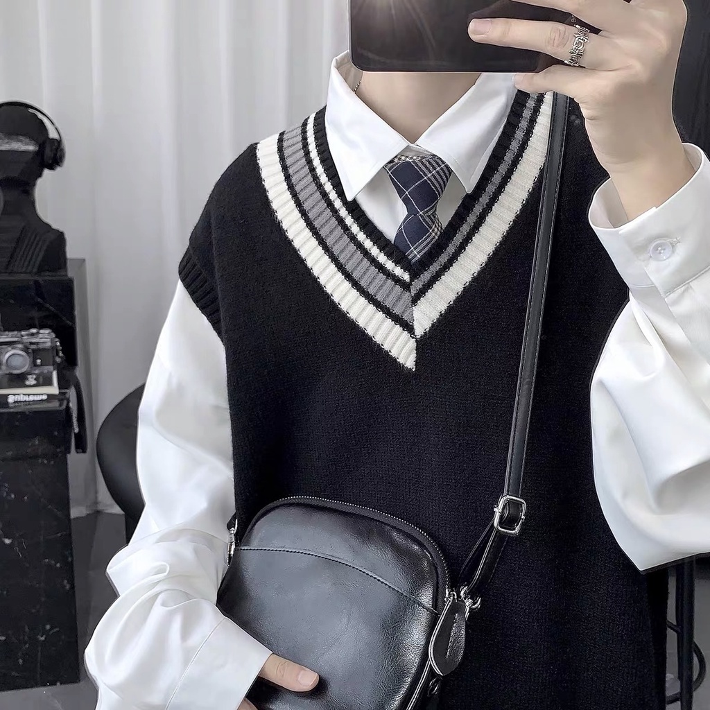 Áo gile len nam nữ trắng đen xám sọc viền Hàn Quốc unisex form rộng khoác ulzzang mới 2023 đồng phục PREPPY