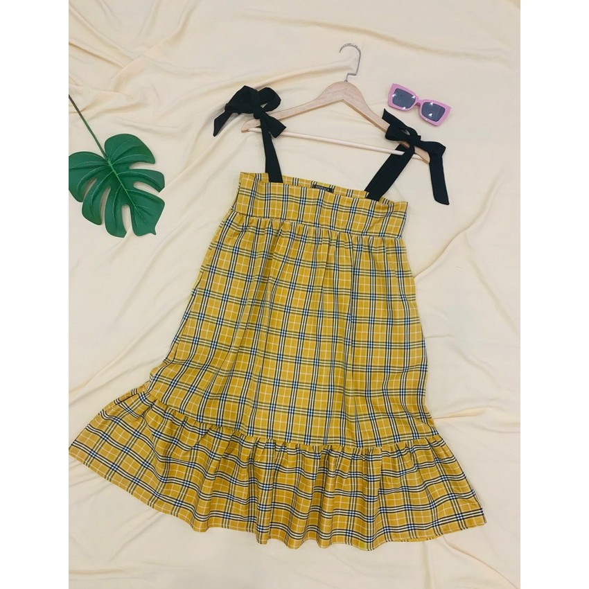 Đầm babydoll caro sọc dài qua gối form rộng dễ thương hàng thiết kế cao câp (có nhiều size)