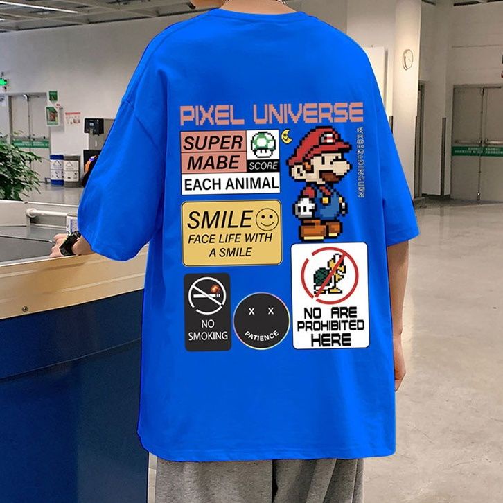 Áo thun Puruilong ngắn tay cổ tròn dáng rộng in hình hoạt hình Super Mario cho nam