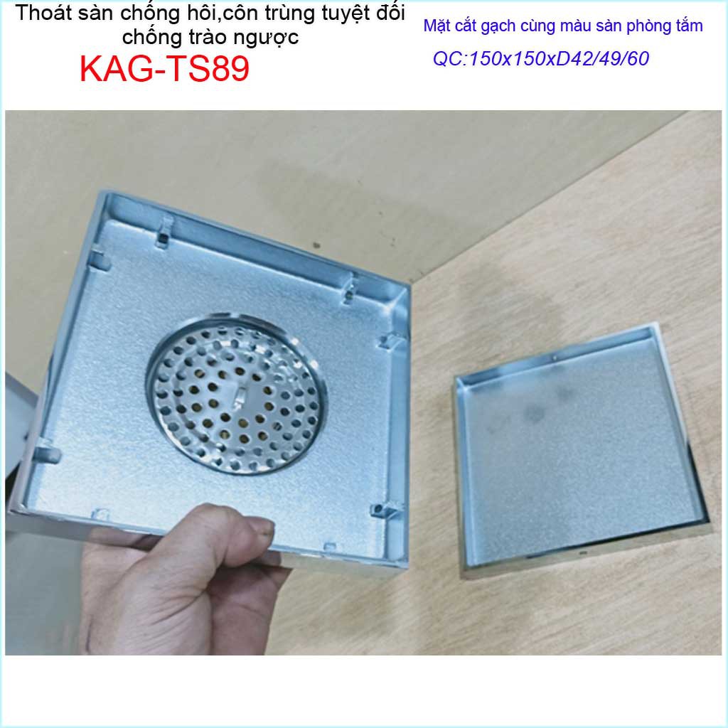 Thoát sàn mặt cắt gạch 15x15cm, thoát sàn âm KAG-TS89, phễu thoát sàn chống hôi chống côn trùng Inox Roca