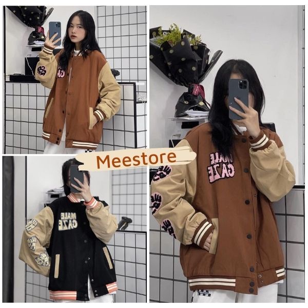 Áo Khoác Bomber Varsity Nữ MEESTORE - Jacket Nỉ Dáng Rộng Unisex Tay Bồng Màu Nâu Tây Phong Cách Hàn Quốc