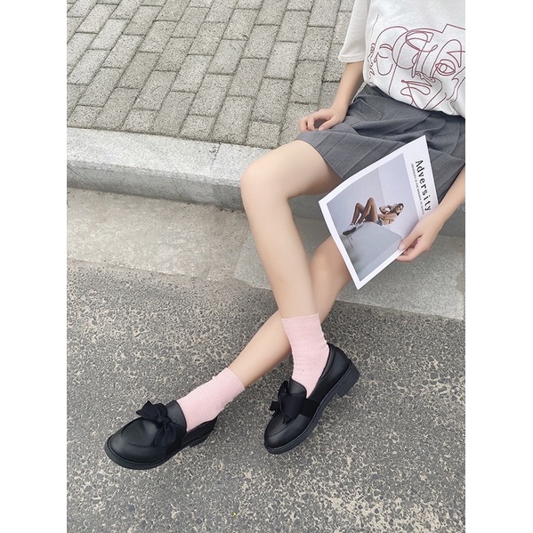 ( sẵn - lẻ size )Giày Búp Bê Đế Bằng Mũi Tròn Màu Trơn Gắn Nơ Phong Cách Hàn Quốc Cho Nữ( sẵn)