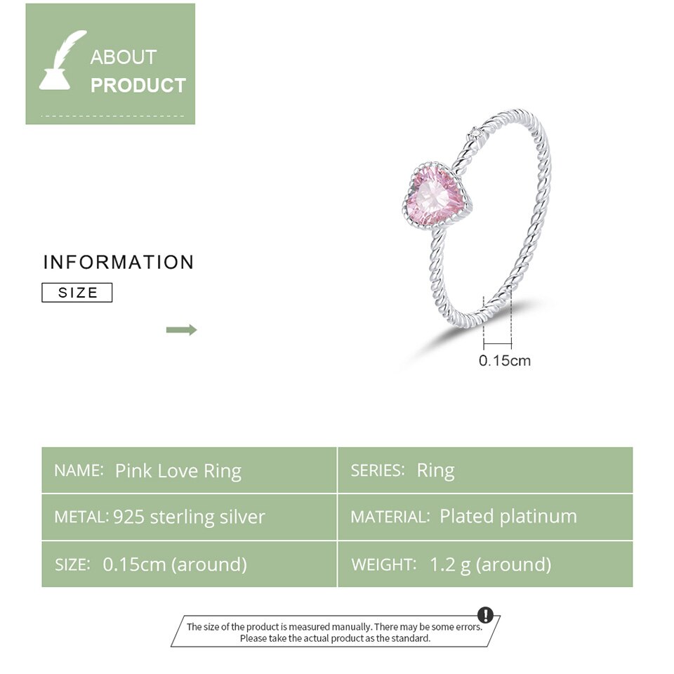 Nhẫn bamoer BSR157 bằng bạc thật đính CZ hồng thiết kế hình trái tim đáng yêu
