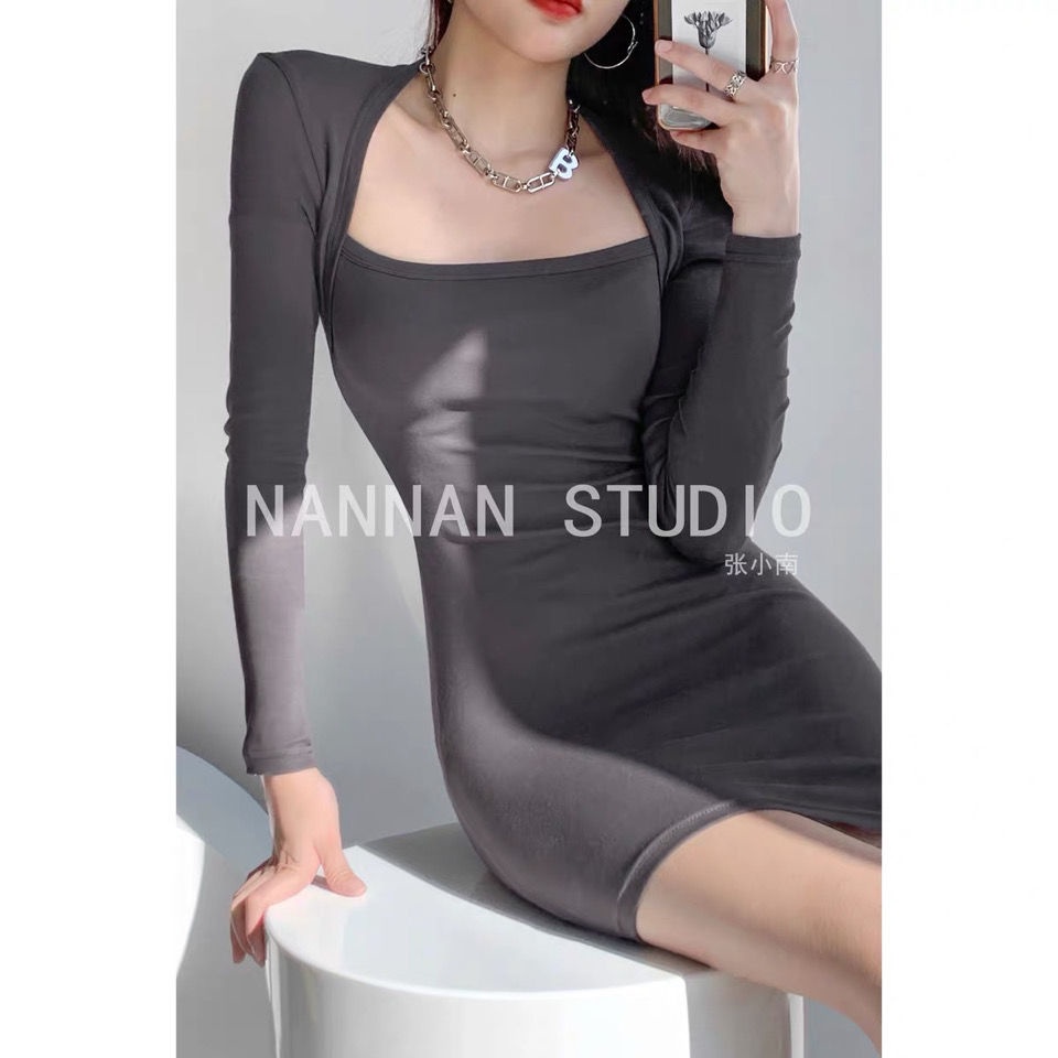 COZOK Đầm dệt kim tay dài cổ vuông ôm eo giả hai lớp thời trang cho nữ