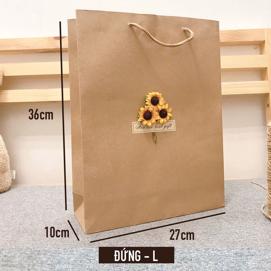 Túi giấy kraft Vintage đựng quà tặng gắn hoa hướng dương, hồng môn - túi đựng đồ nhiều dịp