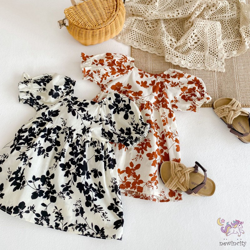 Đầm Công Chúa Cổ Vuông In Hoa Cho Bé Gái