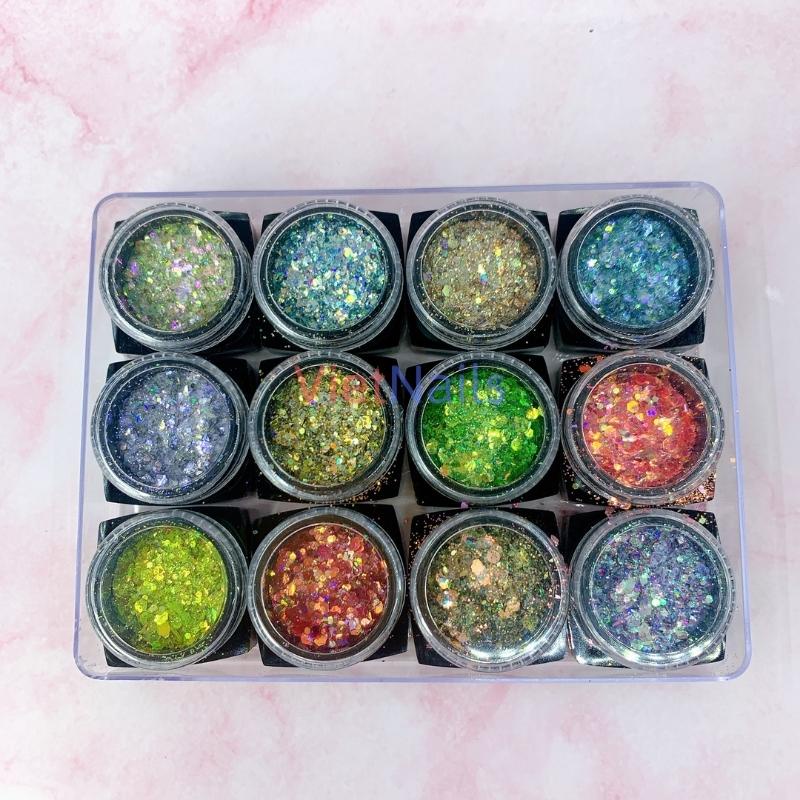 Set nhũ kim tuyến vảy cá 12 màu trang trí móng nail