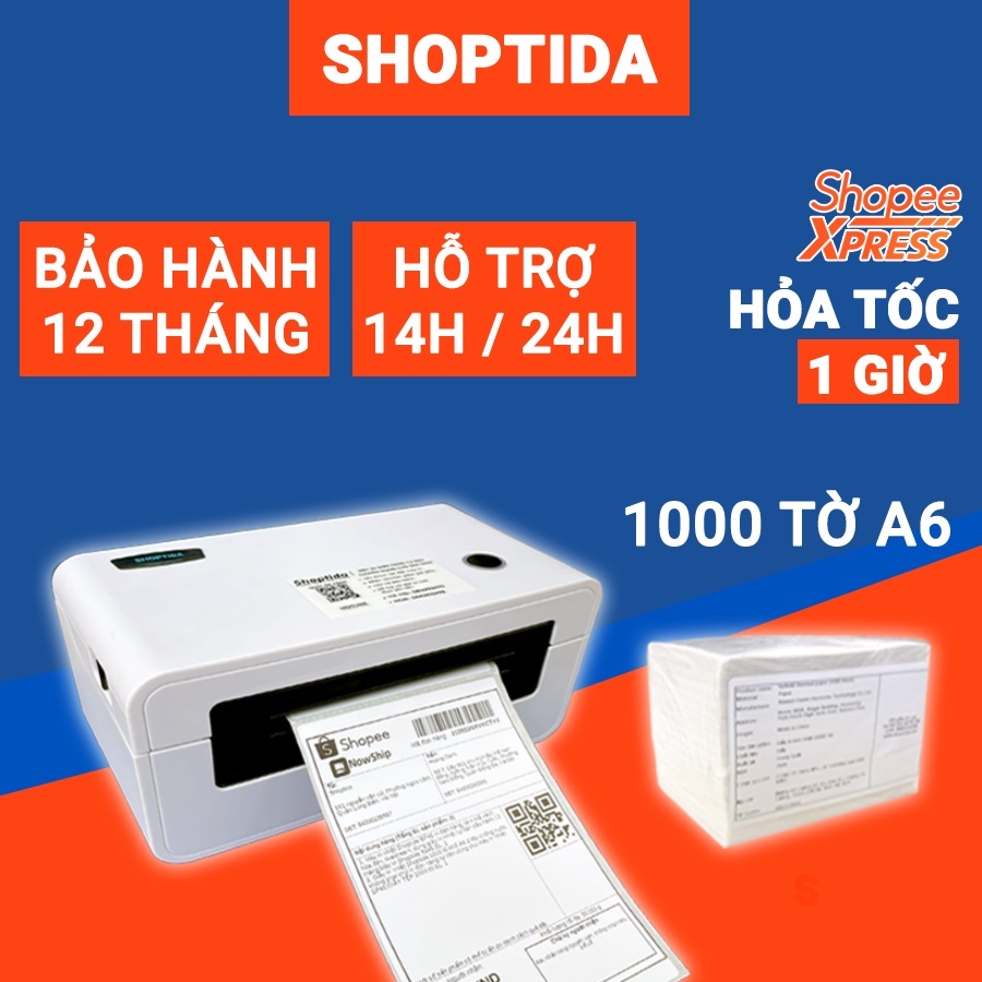 Máy in đơn hàng Shoptida SP46 kèm 1000 giấy in nhiệt 10*15cm decal tự dán, có phân loại kèm phụ kiện, bảo hành 12 tháng