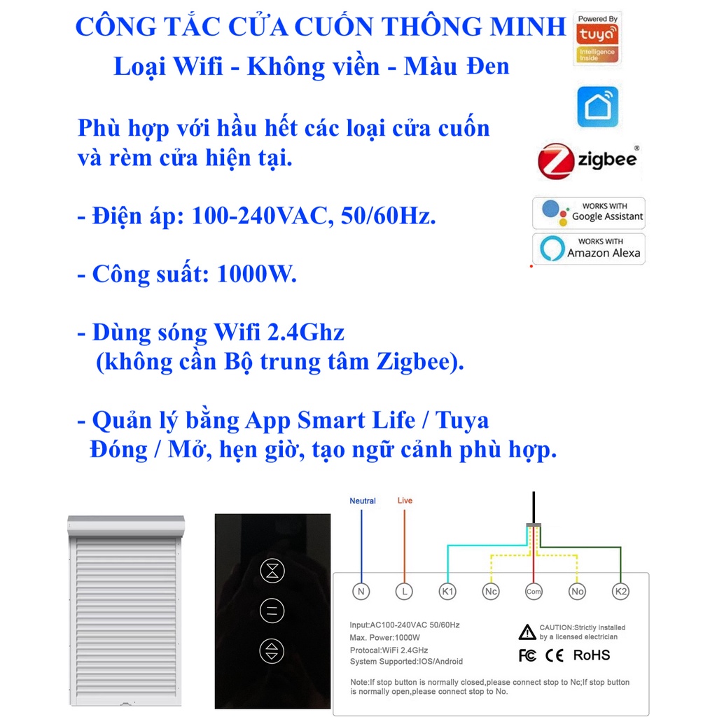 Công tắc cửa cuốn thông minh Hệ Tuya, kết nối Wifi/ Zigbee, App Smart Life/ Tuya -