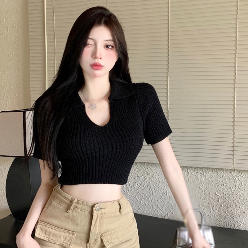 Áo Croptop Màu Trơn Cổ Bẻ Thời Trang Mùa Hè Cho Nữ