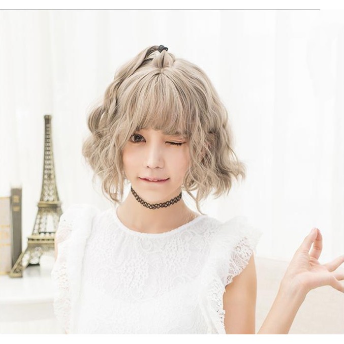 Tóc giả nữ nguyên đầu vic xù, tóc bộ cả đầu mái thưa hàn quốc