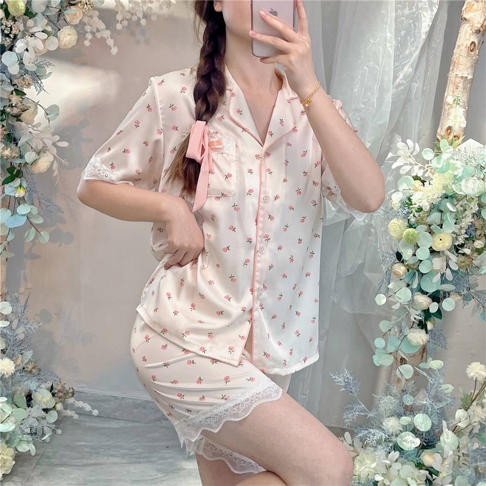 Bộ Đồ Ngủ Vải Lụa Phối Ren In Hoa Thời Trang Mùa Hè Xinh Xắn Cho Nữ
