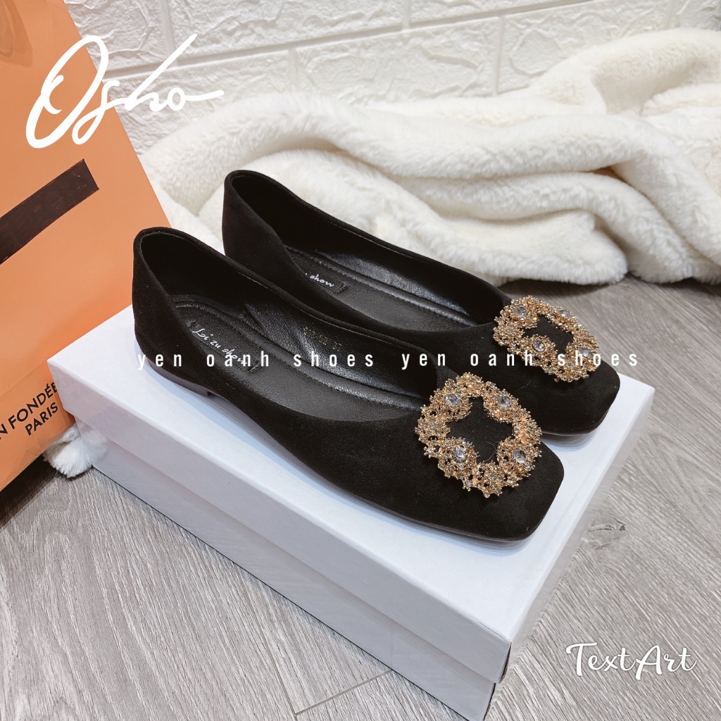 Giày Bệt Nữ Thiết Kế OSHO Đính Nơ Đá Họa Tiết Mũi Vuông, Ôm Chân Tôn Dáng, Chất Da Lộn Cao Cấp 613-52