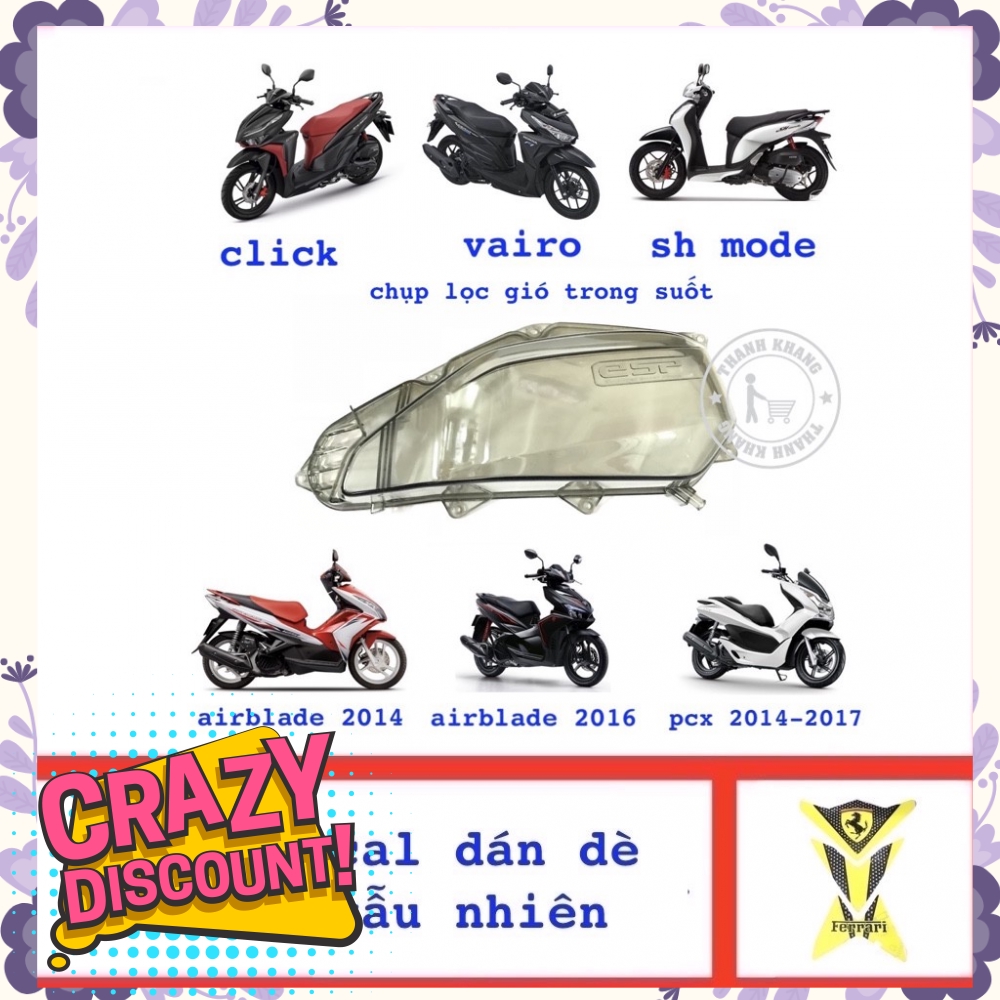 Chụp lọc gió trong suốt dành cho Airblade, Click thái, Sh mode, Pcx, Vairo tặng decal dán dè màu vàng 006001116006001105