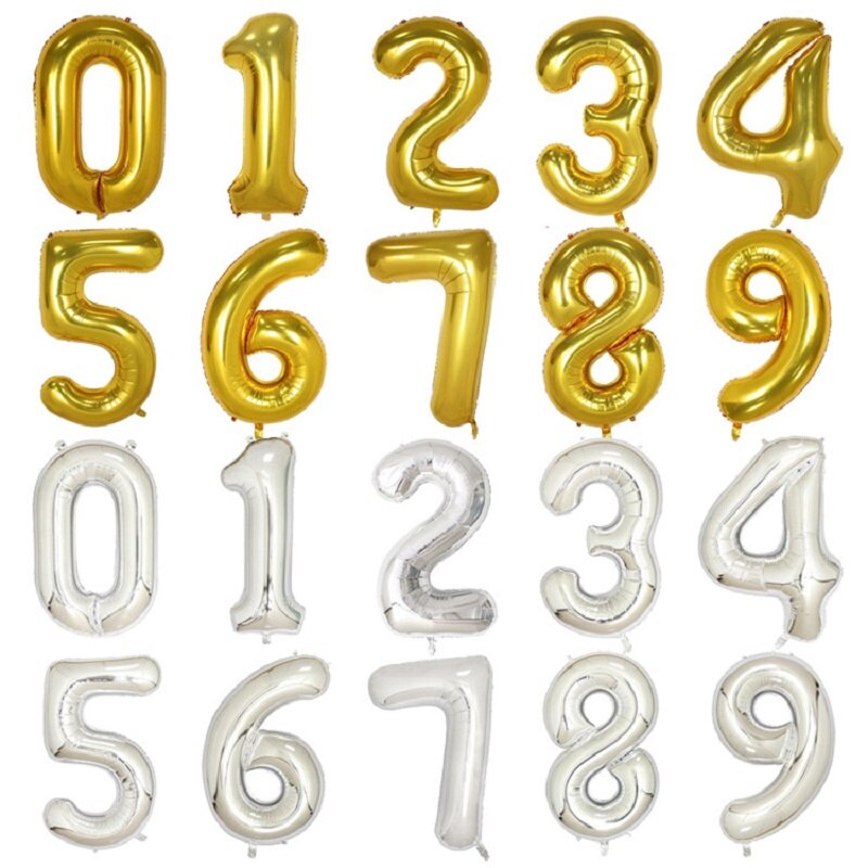 Bong Bóng Lõi Nhôm Hình Số 0-9 32 Inch Màu Vàng/Bạc Trang Trí Tiệc