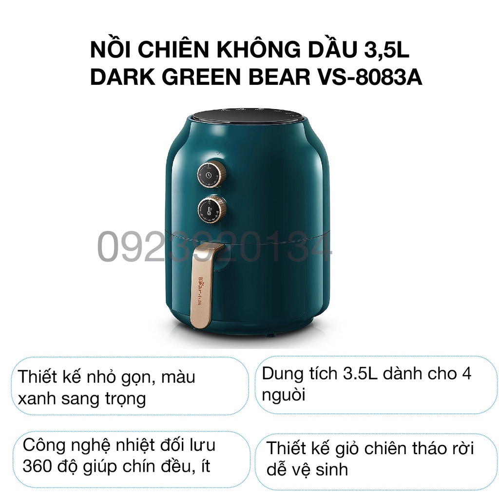 [Mã ELHADEV giảm 4% đơn 300K] Nồi chiên không dầu 3,5l dark green Bear VS-8083A