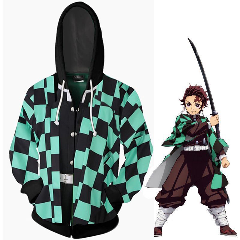 Áo khoác hoodie phối dây kéo phong cách Anime Demon Slayer Kimetsu no Yaiba Kamado Tanjirou Nezuko