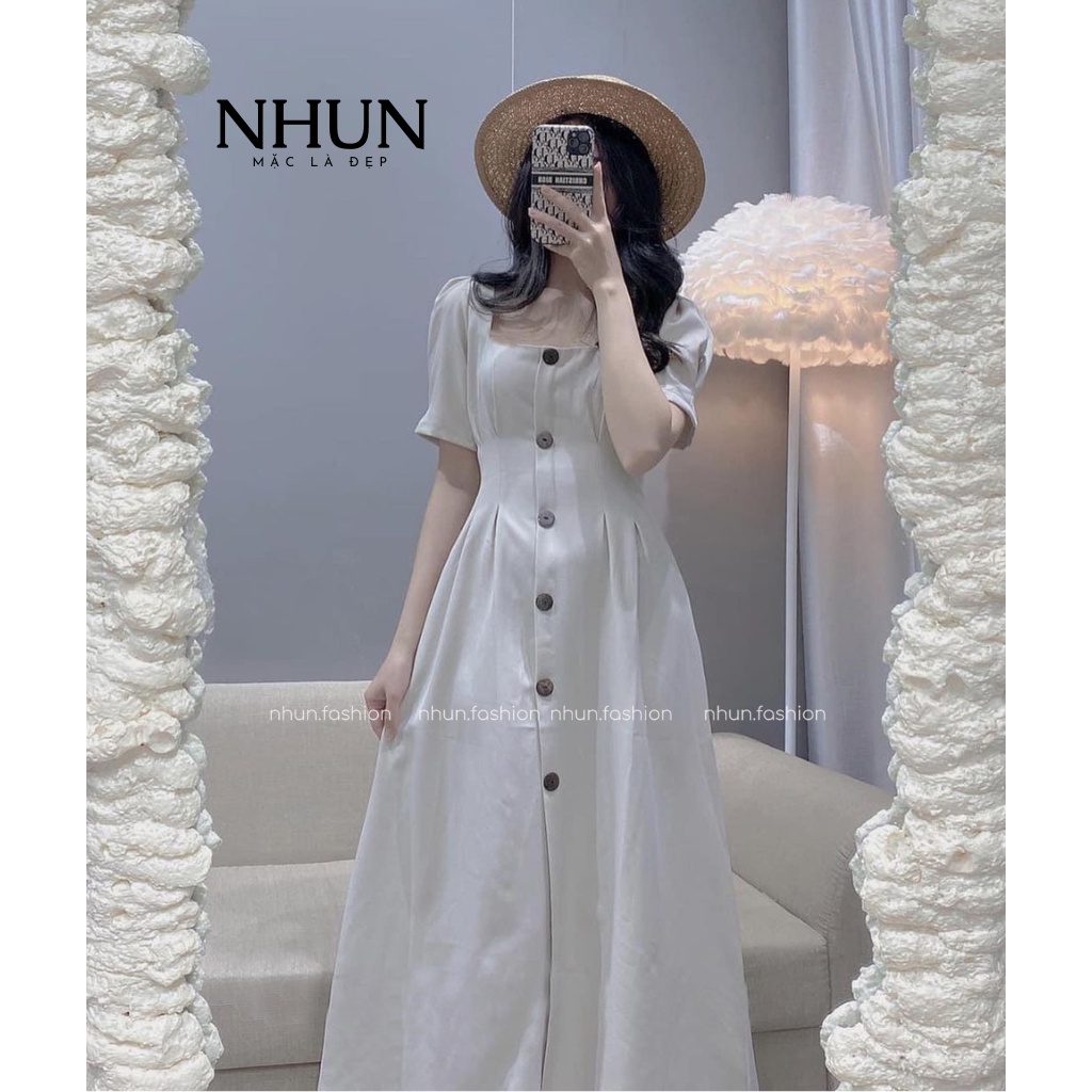 Váy dự tiệc thiết kế cổ vuông NhunFashion Đầm Công Sở nữ cao cấp tiểu thư cúc dọc tay bồng chiết eo thanh lịch N28