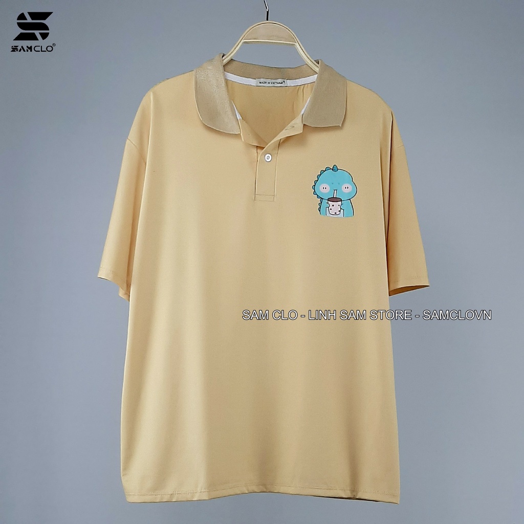 Áo thun Polo form rộng tay lỡ nữ SAM CLO phông freesize unisex mặc đi học, nhóm, lớp in hình KHỦNG LONG XANH TRÀ SỮA