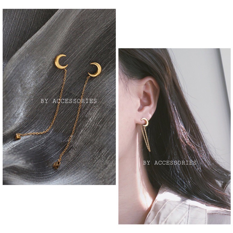 Bông tai titan trăng khuyết nhỏ phối xích không gỉ