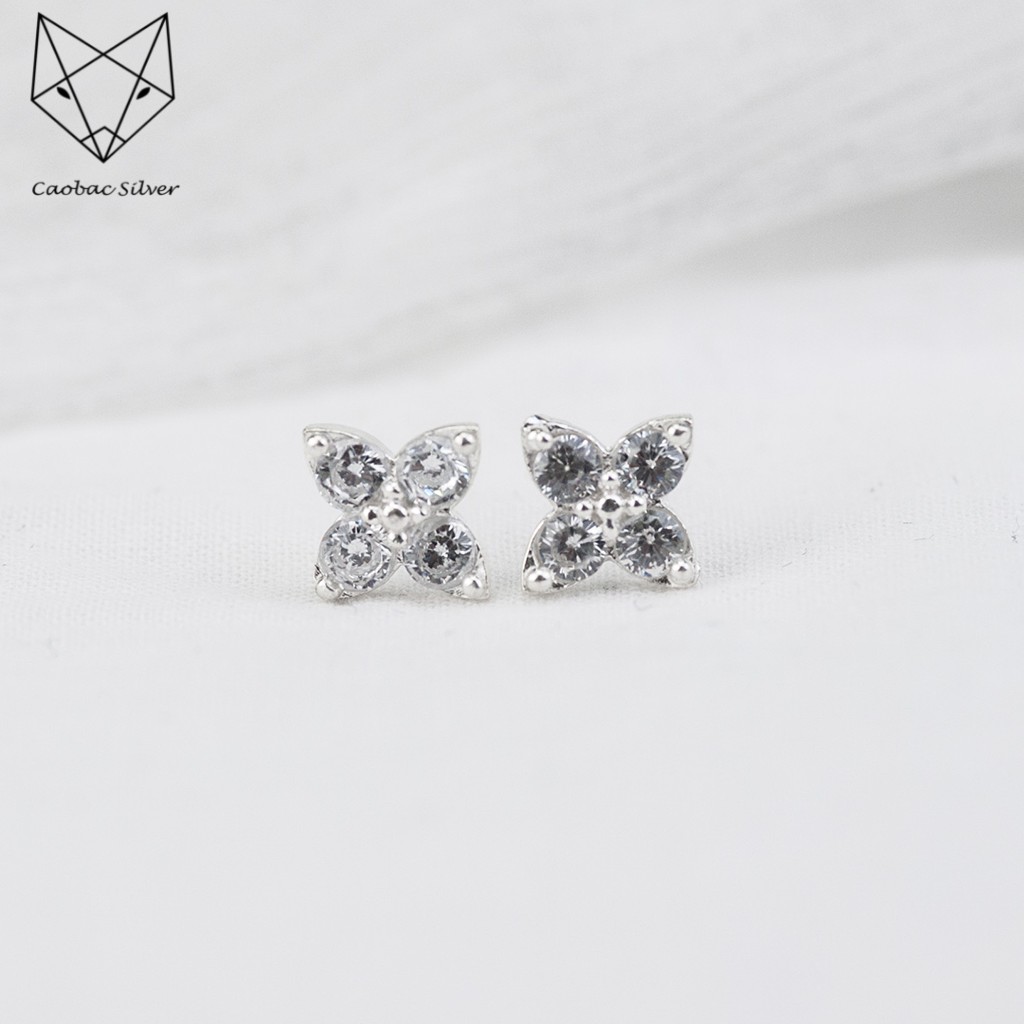 Khuyên Tai Bạc Nữ CaoBac Silveri Đính Đá Chất Liệu Bạc Ta Mặt Hoa Bốn Cánh Nhọn Sang Chảnh Đơn Giản Thanh LỊch Cho Nữ