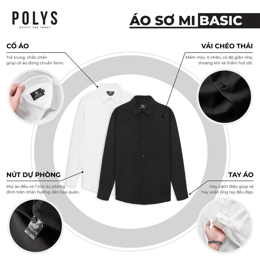 Áo sơ mi nam tay dài Trắng Đen POLYS Fullbox, Vải Chéo Thái dày dặn, co giãn, thoáng khí LONG SLEEVE