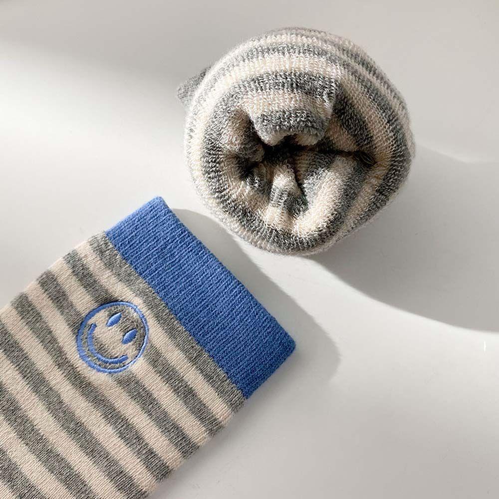 Vớ Ngủ Cotton Kẻ Sọc Thêu Hình Mặt Cười Dễ Thương Phong Cách Đại Học VANES1