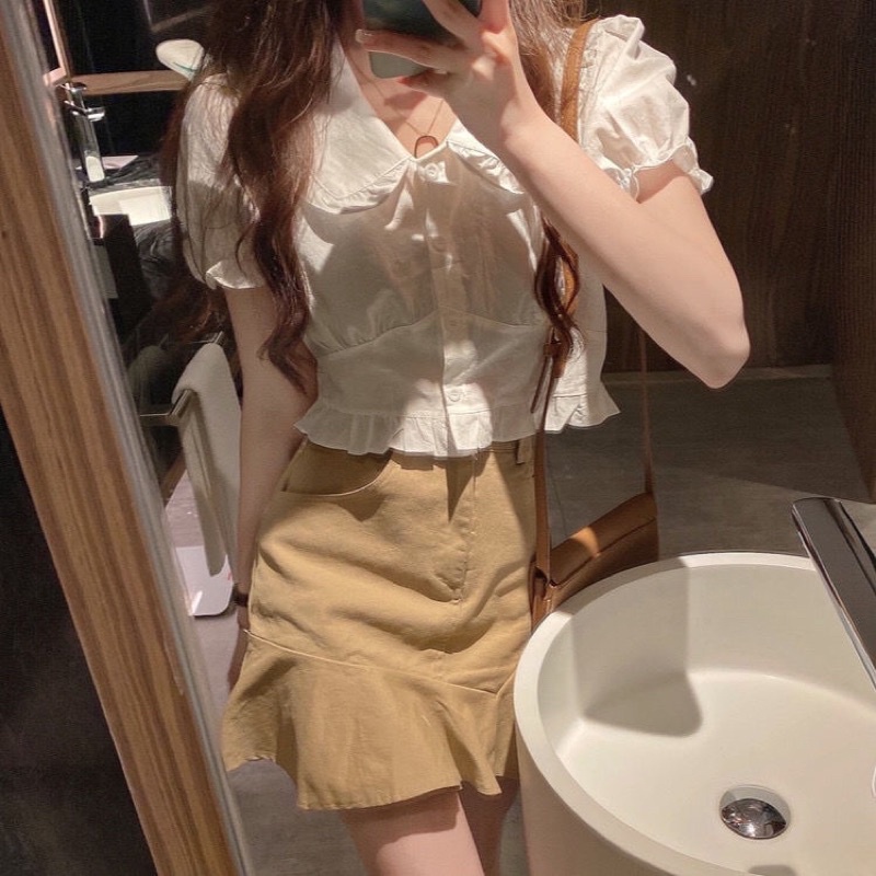Áo sơ mi kiểu croptop tay ngăn bồng phong cách Hàn Quốc mã QD067