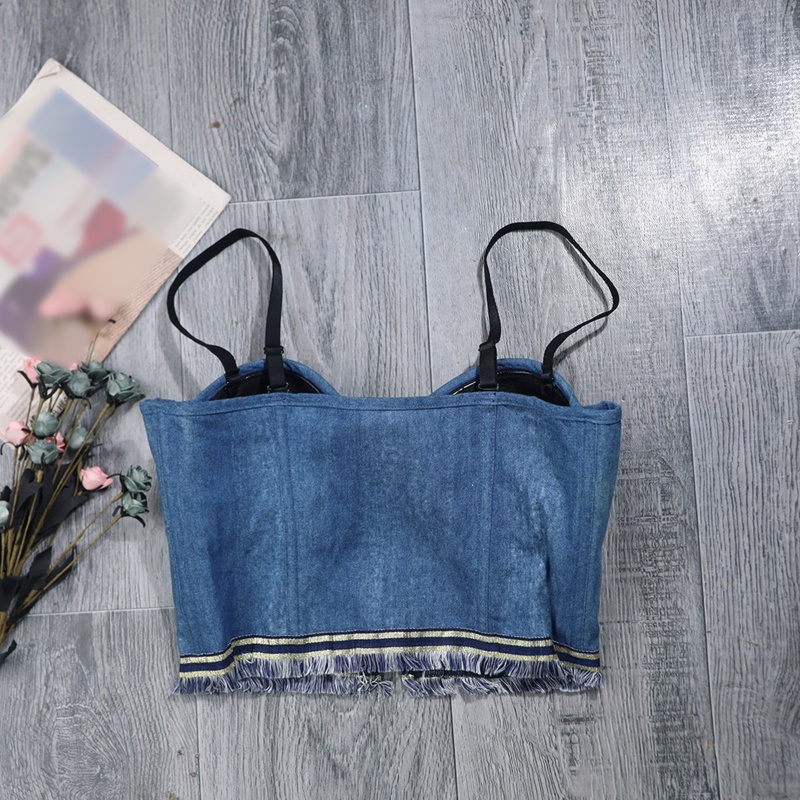 Áo Croptop Denim Hai Dây Hở Lưng Phối Tua Rua Gợi Cảm Cho Nữ