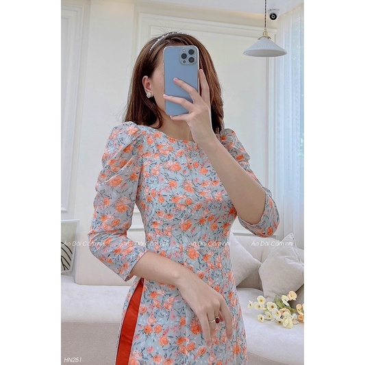 Áo dài Hoa Nhí xinh Mã HN251, Áo dài 4 tà chất Voan Hàn, Áo dài cổ tròn tay bồng tôn dáng siêu xinh