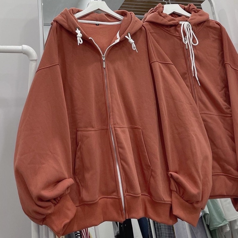 [sẵn] Áo Khoác Dáng Rộng Zip Kéo Màu CAM ĐẤT TỐI [ nam nữ mặc ]