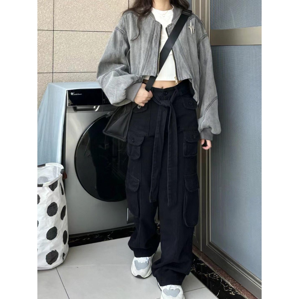 Áo Khoác Denim Dáng Rộng Ngắn Viền Cong Màu Trơn Phối Khóa Kéo Trẻ Trung Cho Nữ